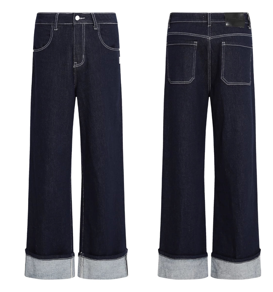 TOP FOLDED HEM STRAIGHT JEANS