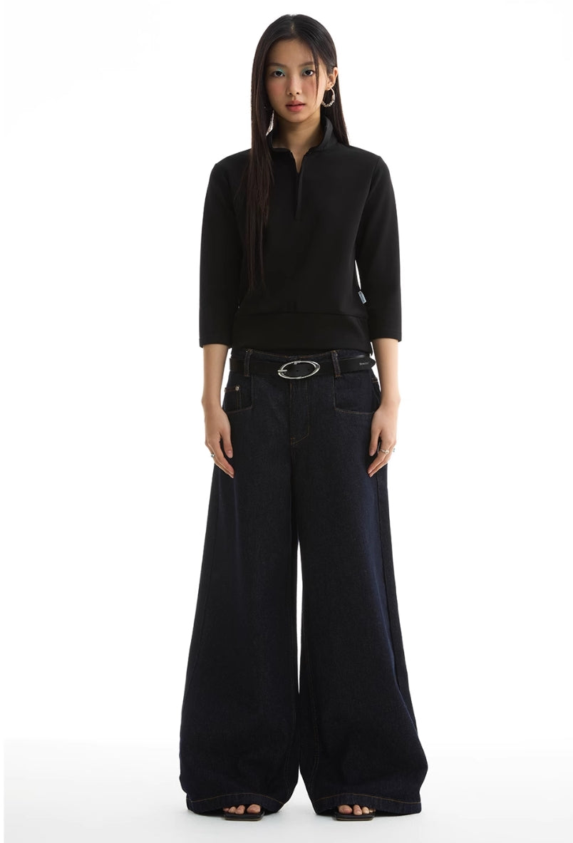 TOPSTITCHED LOOSE STRAIGHT WIDE JEANS