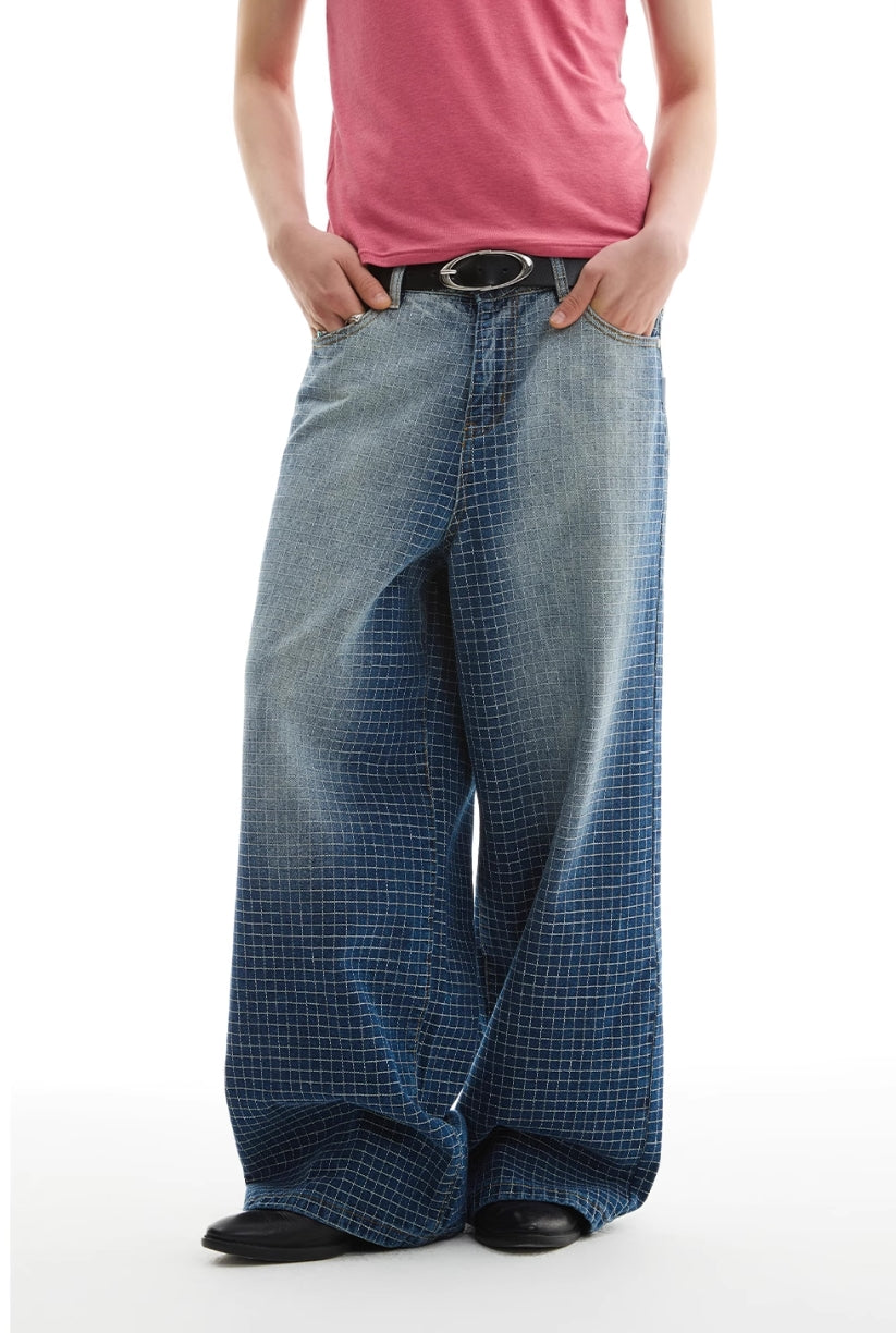 GRADIENT BLUE PLAID LINE JEANS