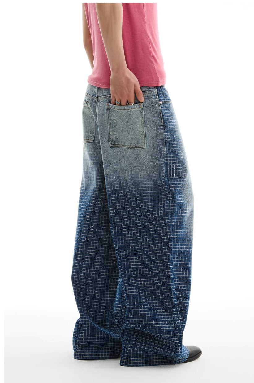 GRADIENT BLUE PLAID LINE JEANS