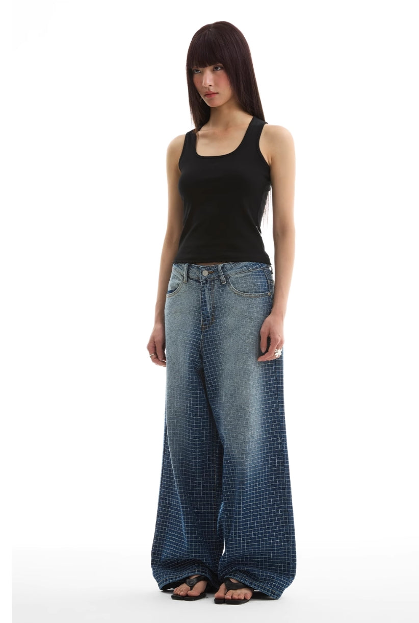 GRADIENT BLUE PLAID LINE JEANS