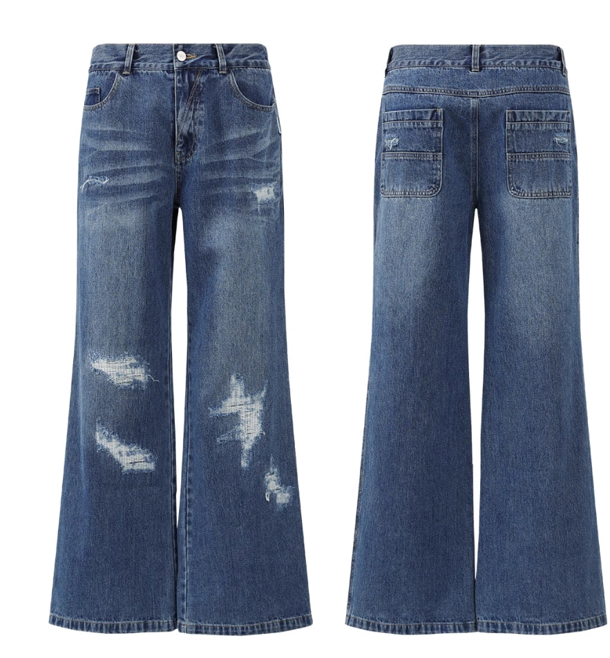 IRREGULAR PATCH CAT WHISKER JEANS