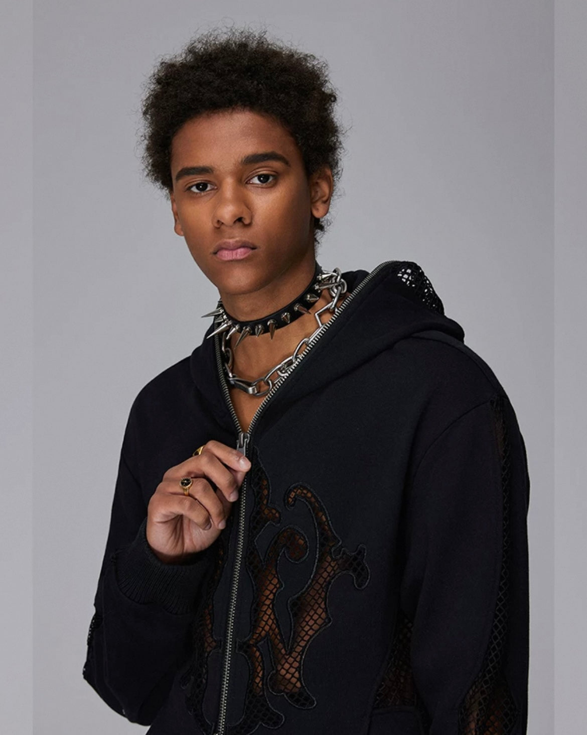 MESH ZIP UP EMBROIDERY HOODIE