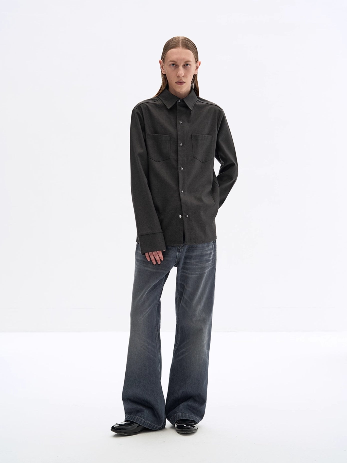GREY JEWEL BUTTON TEXTURED SHIRT