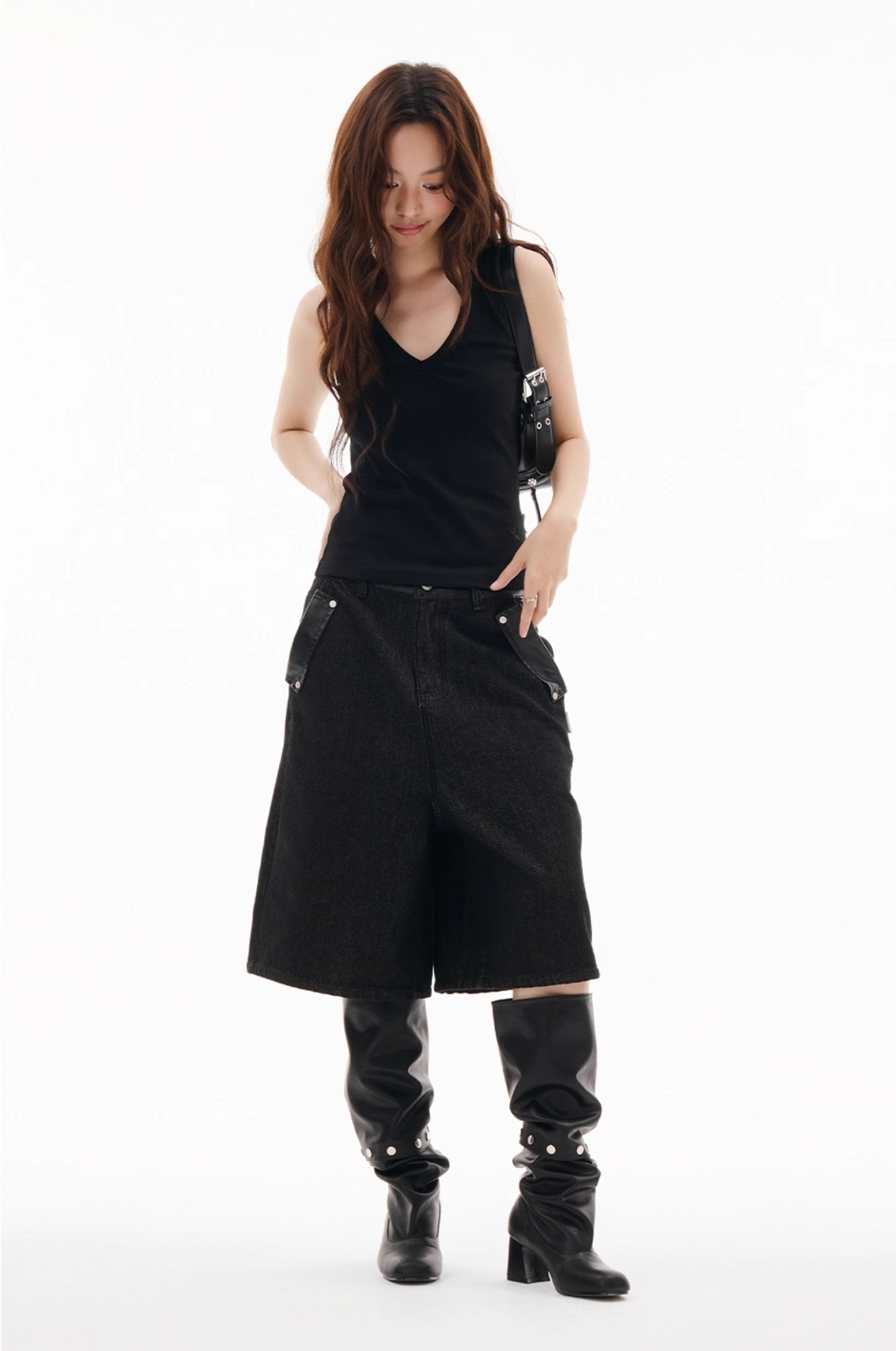 LEATHER MIX LOOSE DENIM