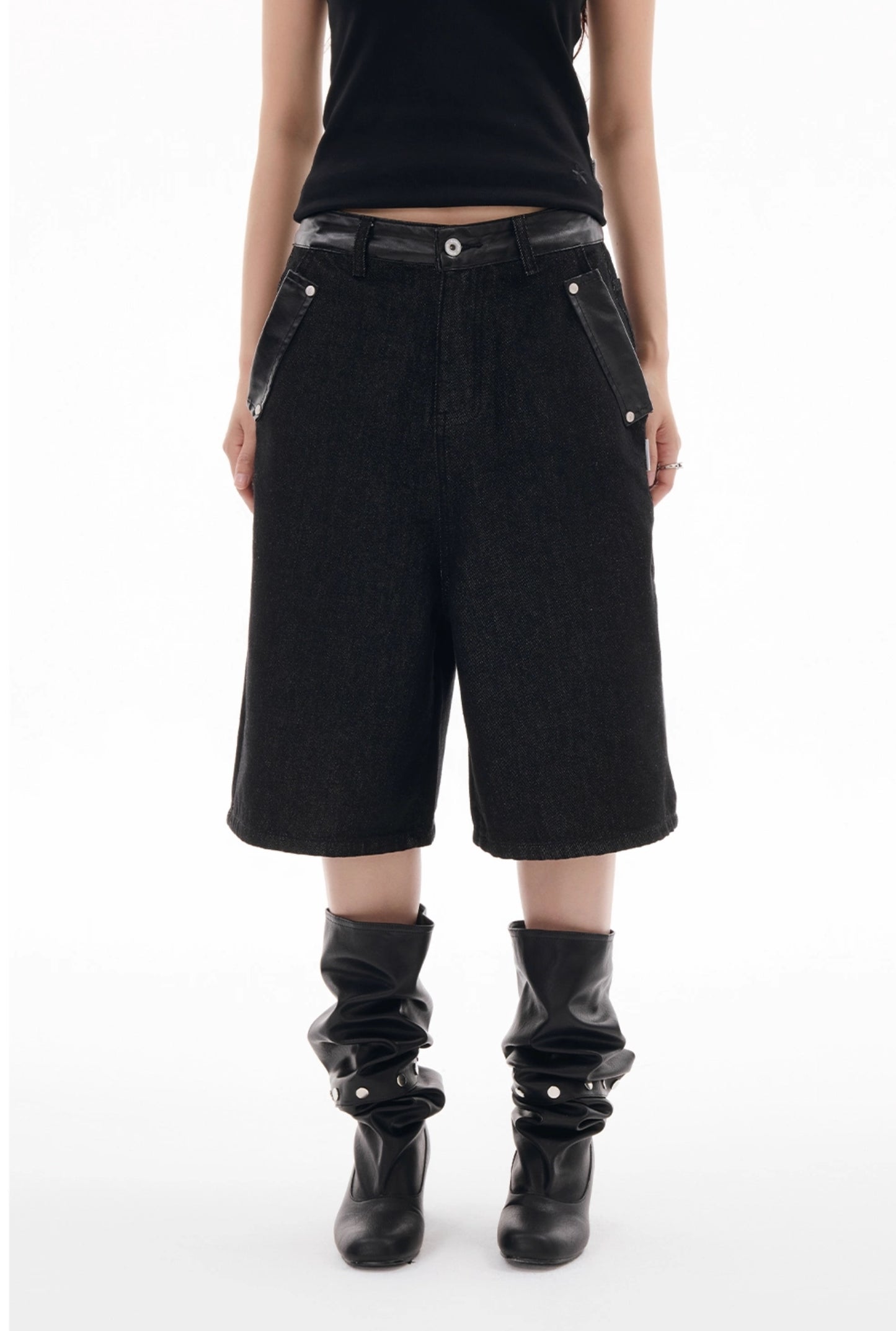 LEATHER MIX LOOSE DENIM