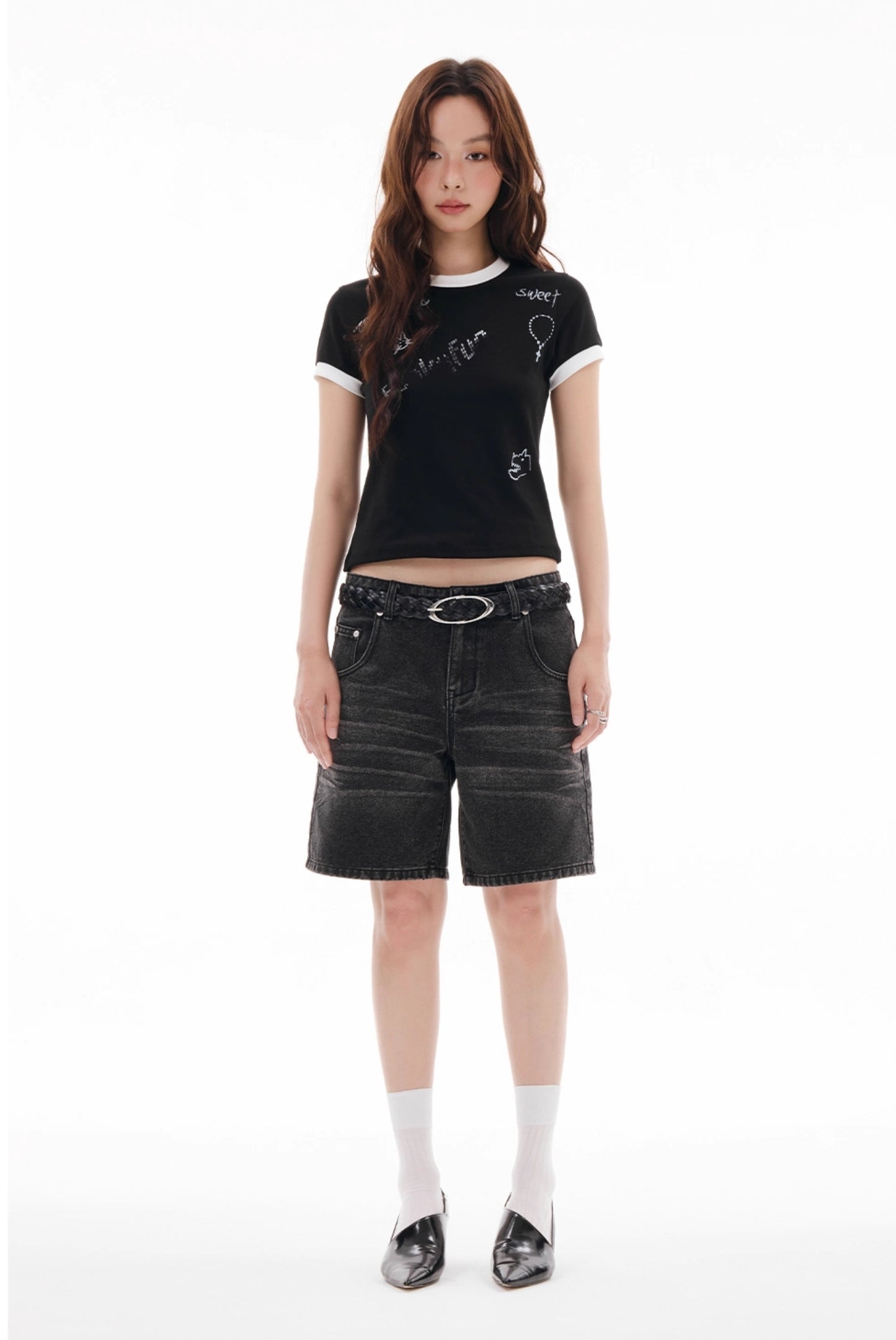 CAT WHISKER SHIRRED DENIM SHORTS