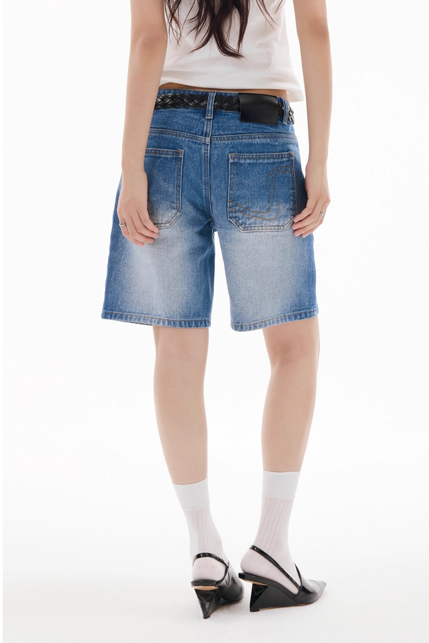 CAT WHISKER SHIRRED DENIM SHORTS