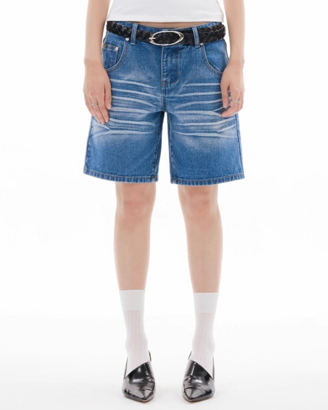 CAT WHISKER SHIRRED DENIM SHORTS