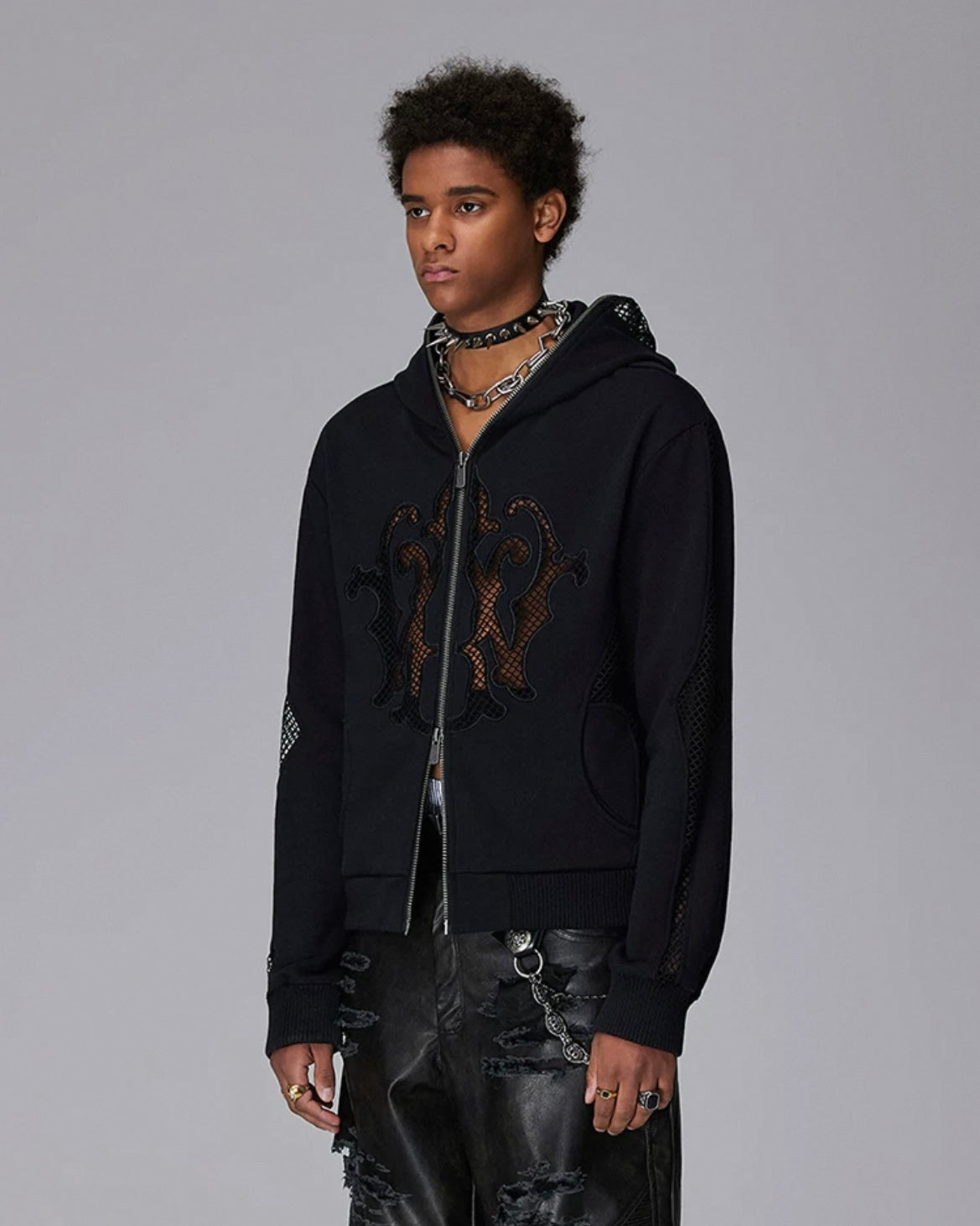 MESH ZIP UP EMBROIDERY HOODIE