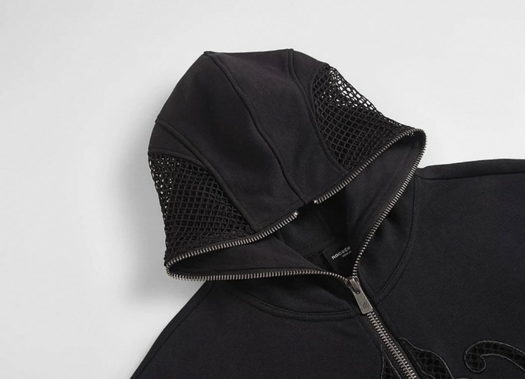 MESH ZIP UP EMBROIDERY HOODIE