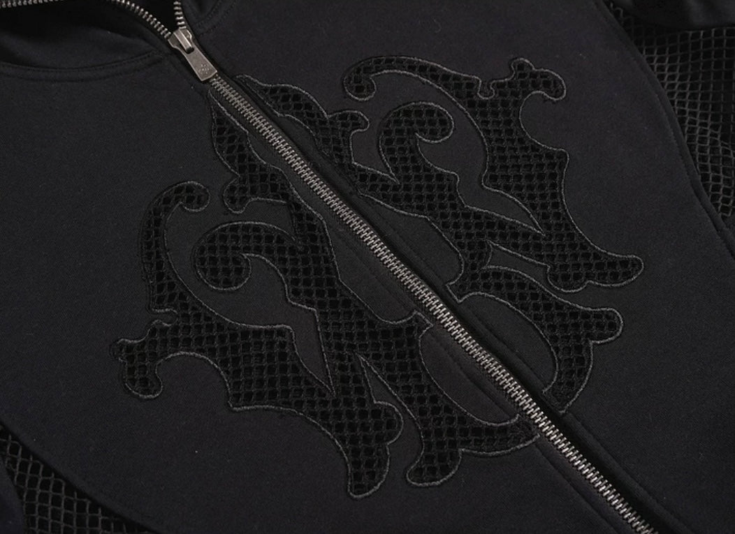 MESH ZIP UP EMBROIDERY HOODIE