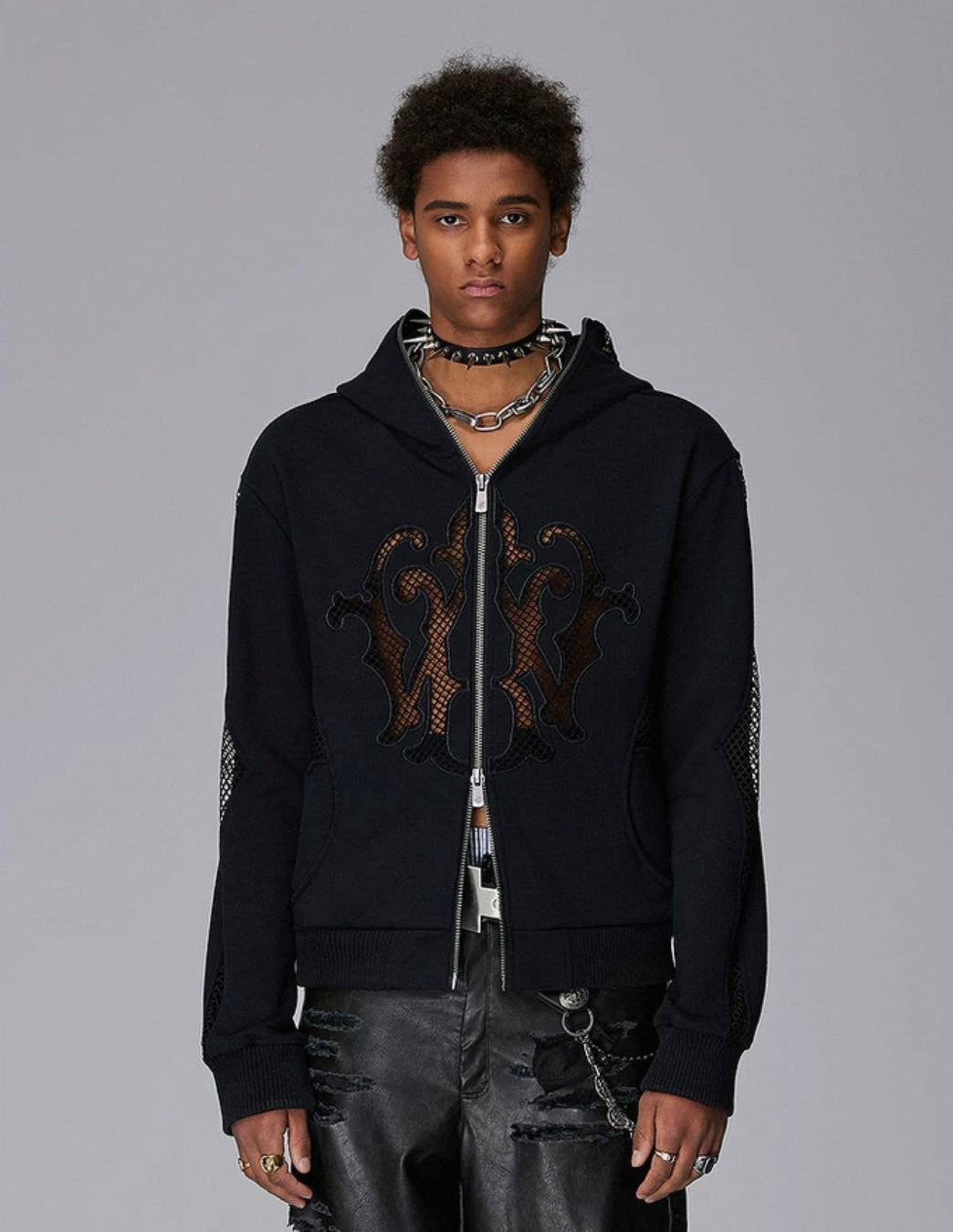 MESH ZIP UP EMBROIDERY HOODIE