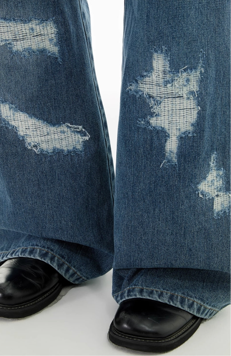 IRREGULAR PATCH CAT WHISKER JEANS