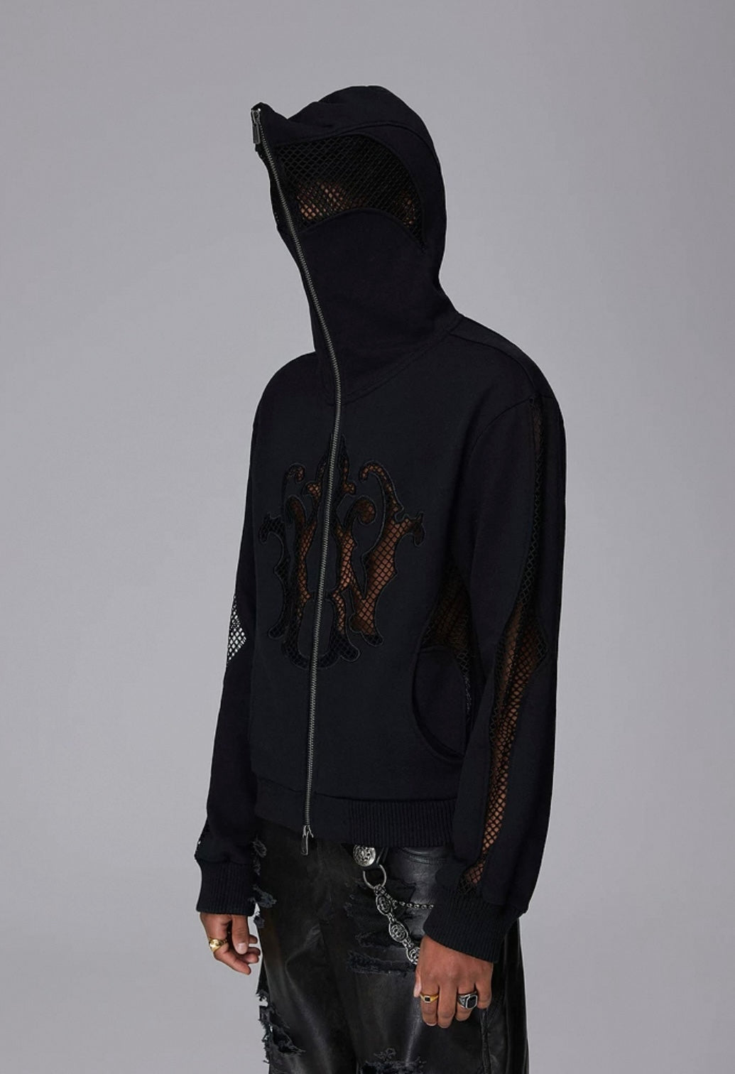 MESH ZIP UP EMBROIDERY HOODIE