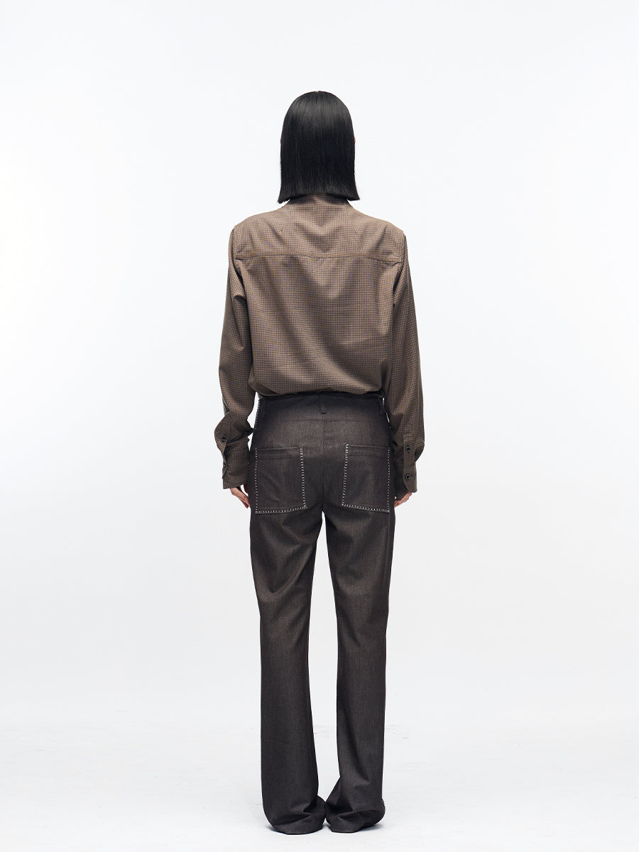 PATCHWORK SPLIT HEM HIGH-NECK SHIRT