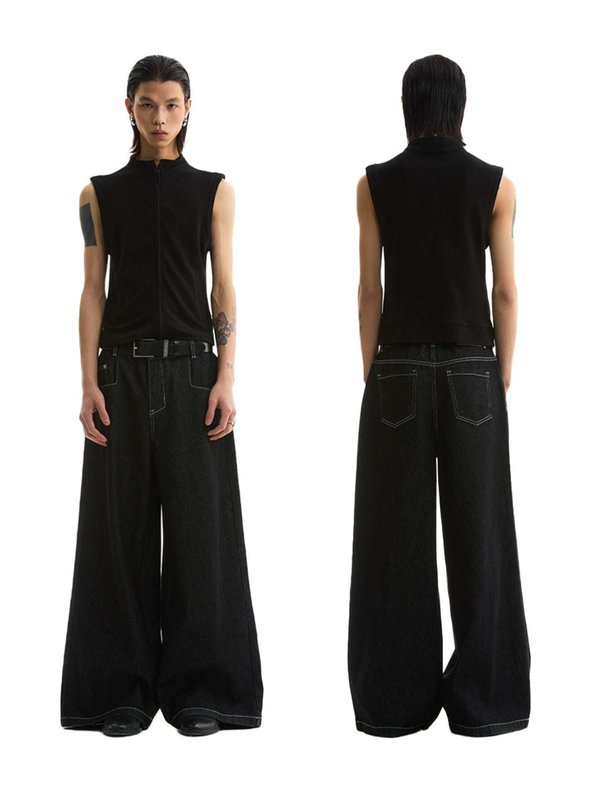 TOPSTITCHED LOOSE STRAIGHT WIDE JEANS