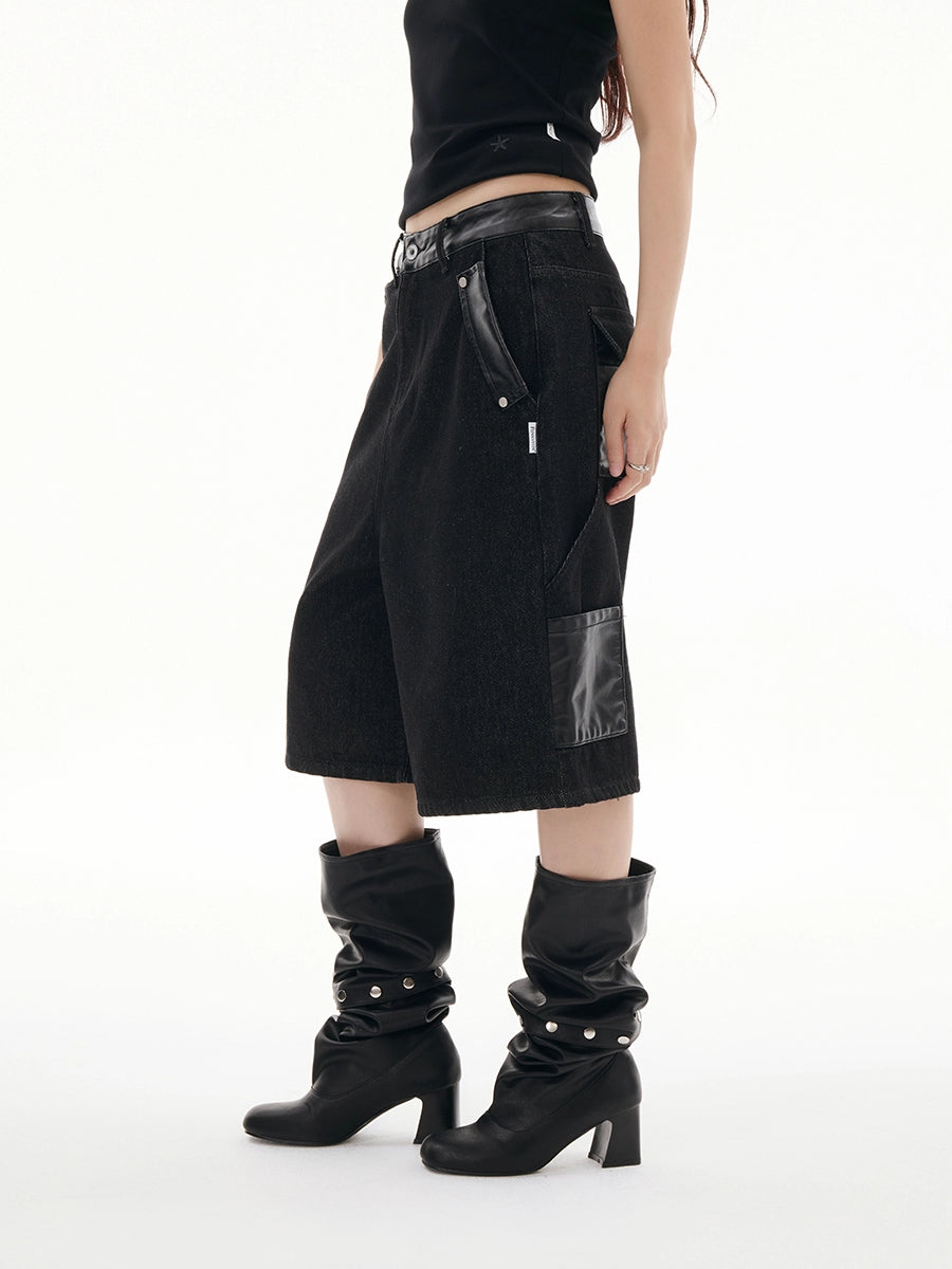 LEATHER MIX LOOSE DENIM