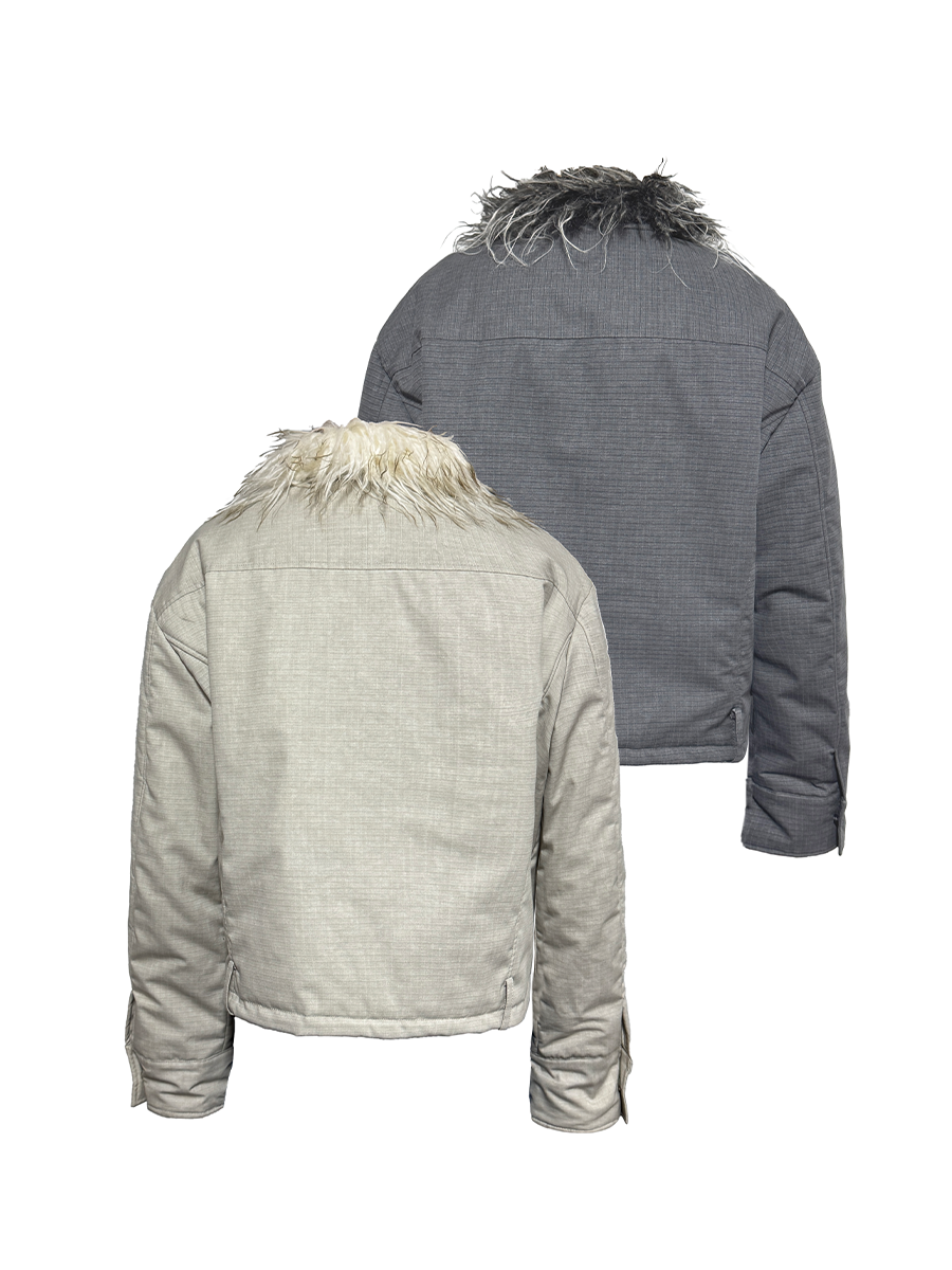 DETACHABLE FUR COLLAR DISTRESSED JACKET