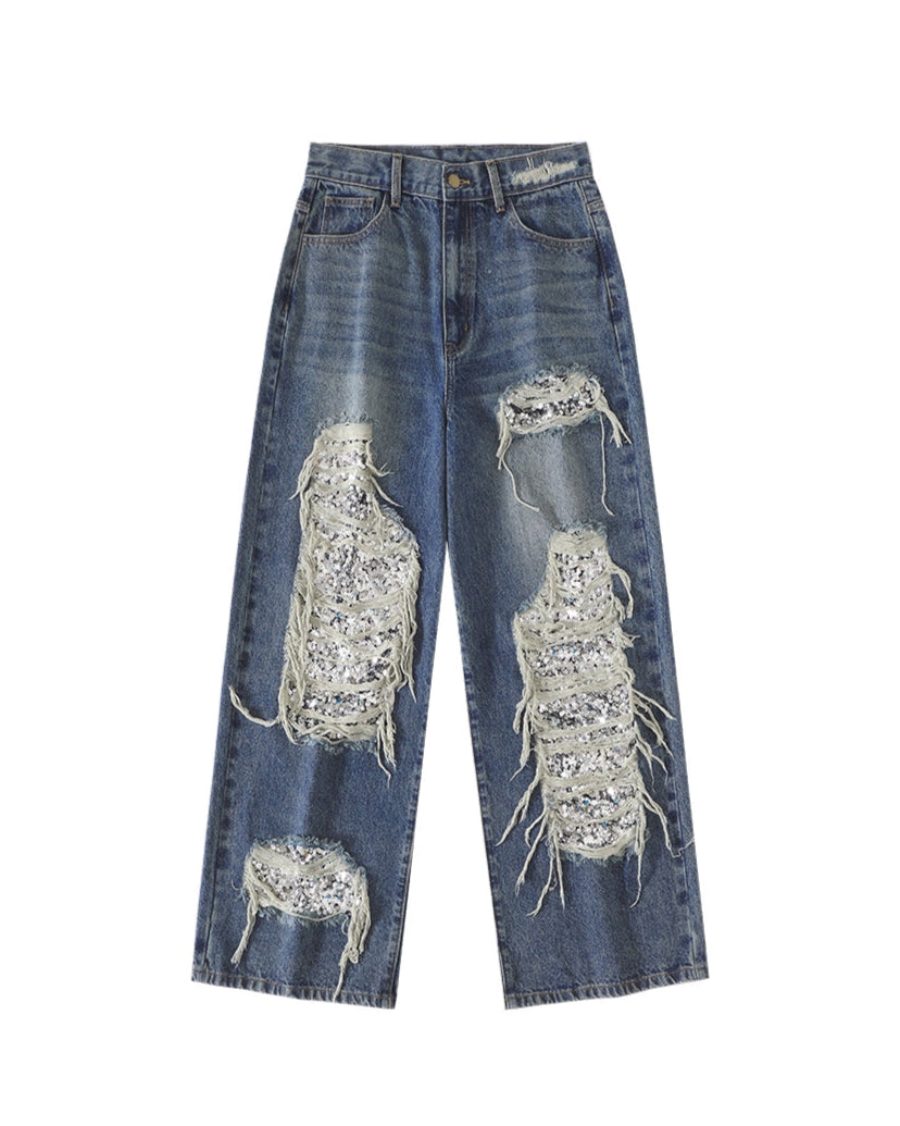 SEQUIN ACCENT DESTROYED JEANS