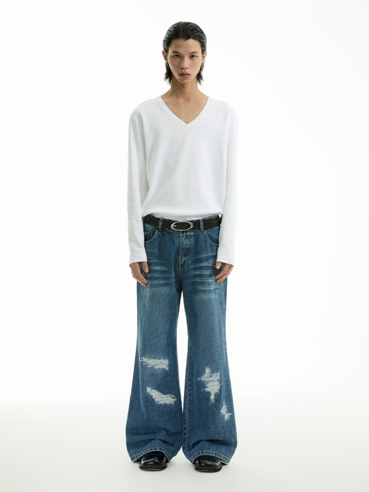 IRREGULAR PATCH CAT WHISKER JEANS