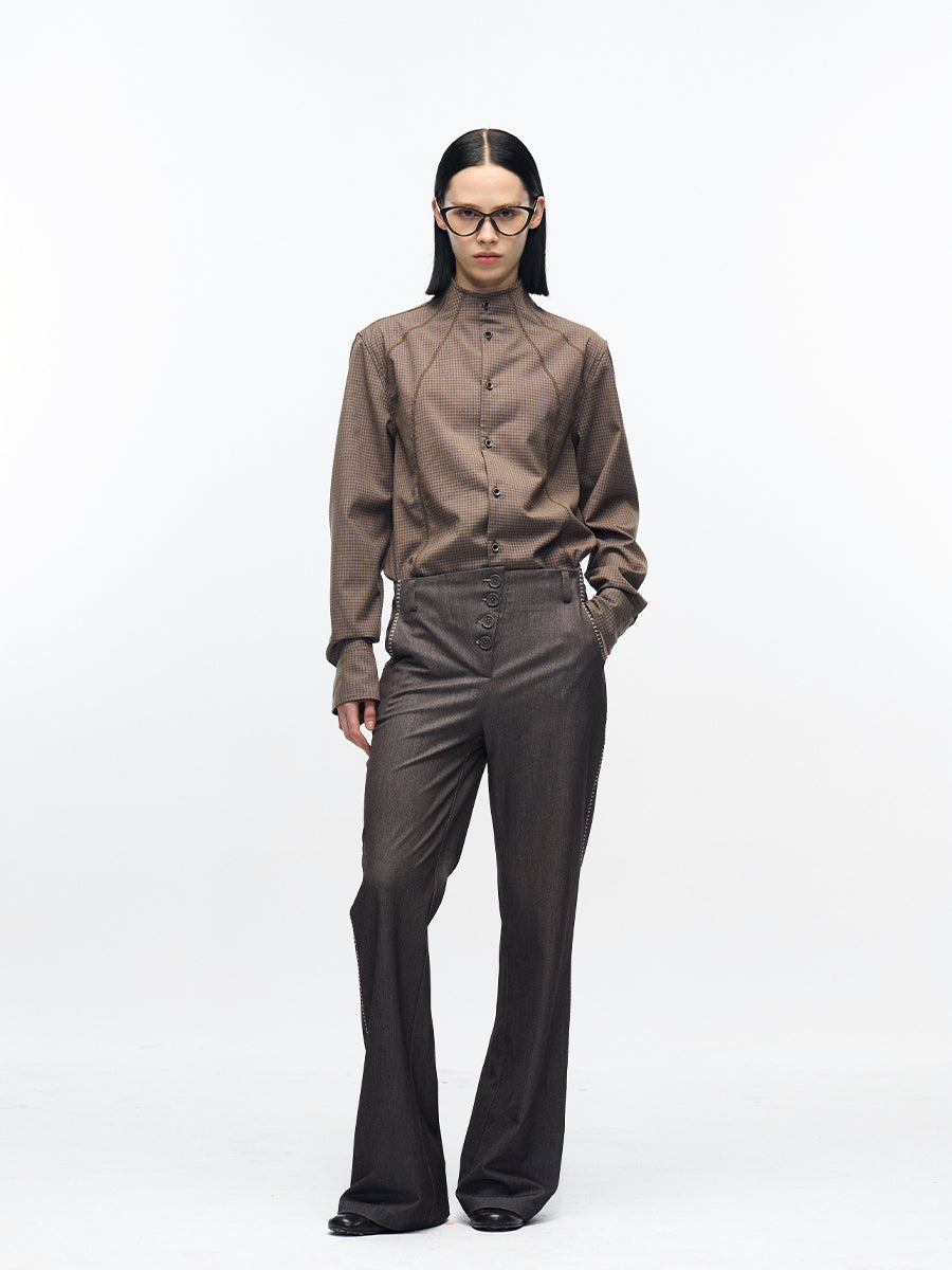 PATCHWORK SPLIT HEM HIGH-NECK SHIRT