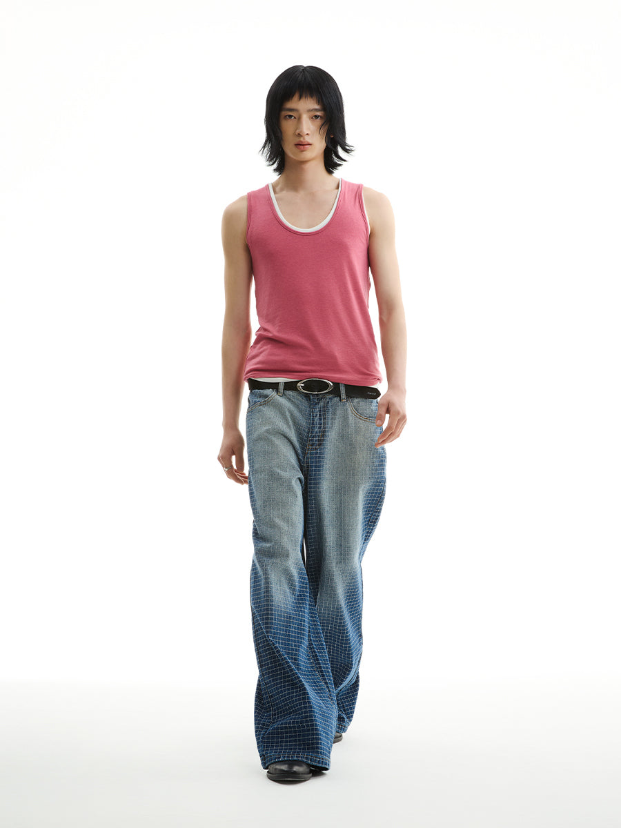 GRADIENT BLUE PLAID LINE JEANS