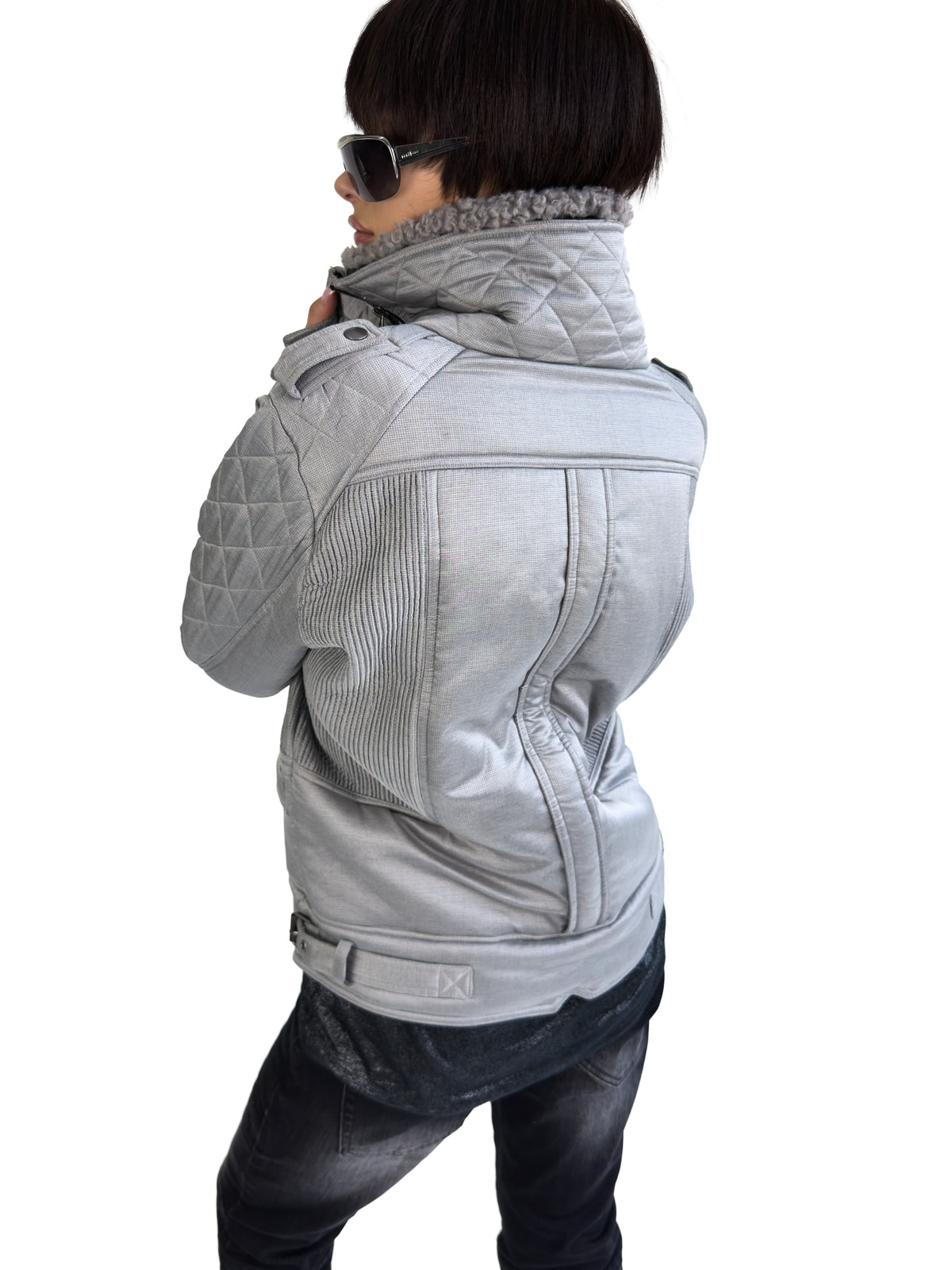 SILVER WOVEN COTTON MOTORCYCLE JACKET