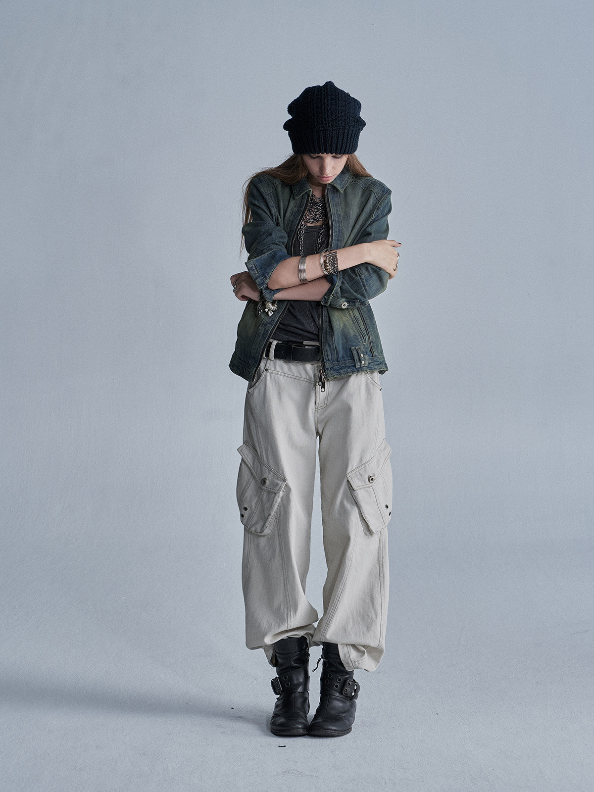 OXIDIZED WASHED STUDDED DENIM JACKET