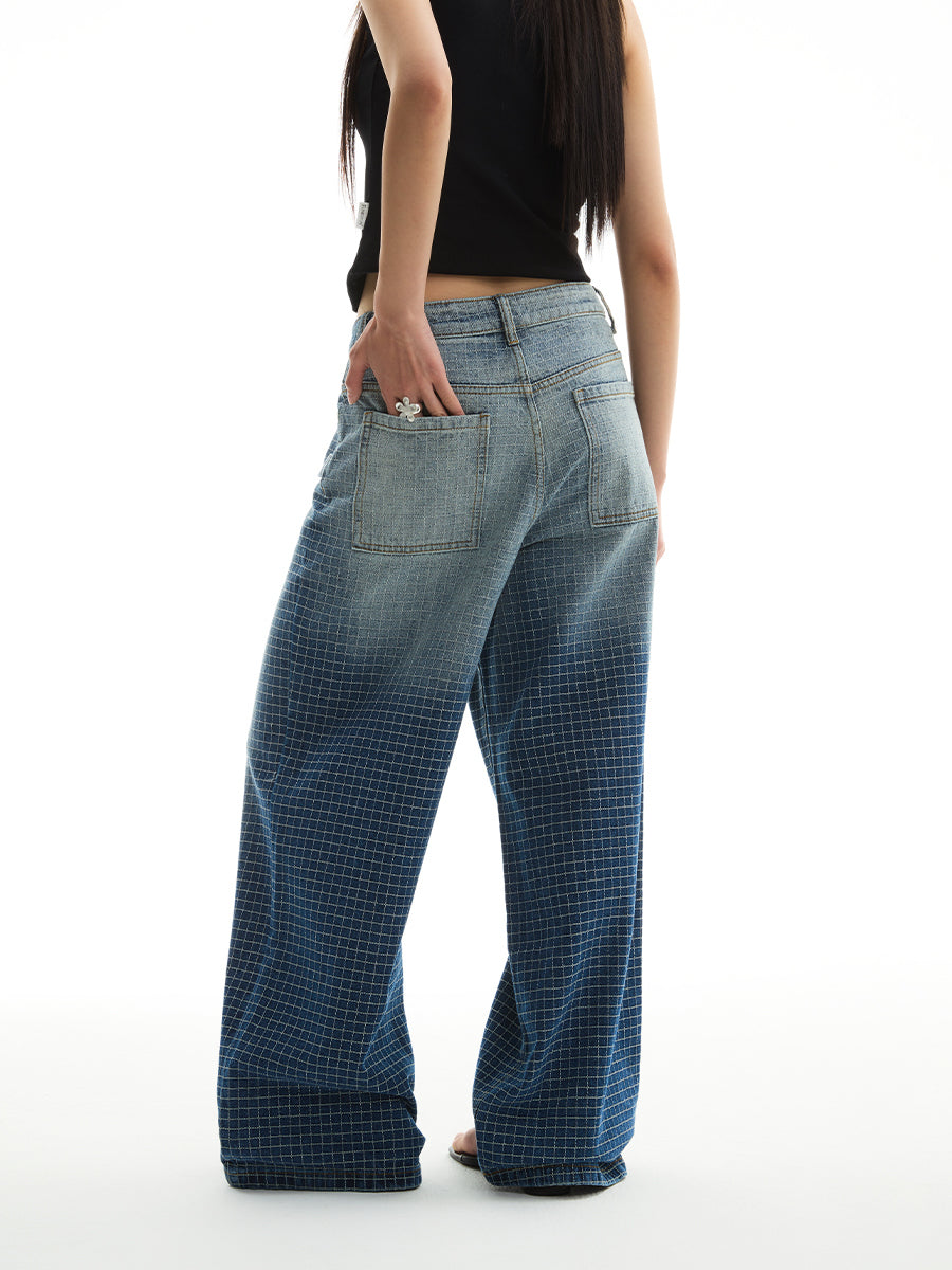 GRADIENT BLUE PLAID LINE JEANS