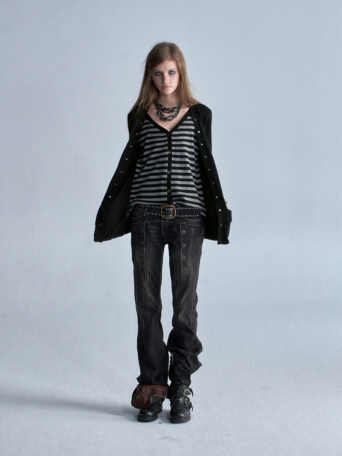 STUDDED STRIPE PUNK KNIT CARDIGAN