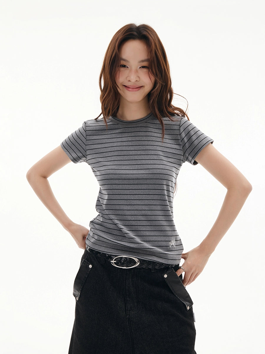 SLIM STRIPE EMBROIDERED TEE