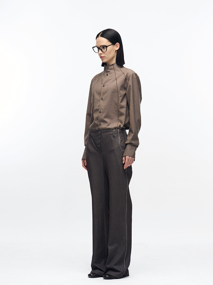 PATCHWORK SPLIT HEM HIGH-NECK SHIRT