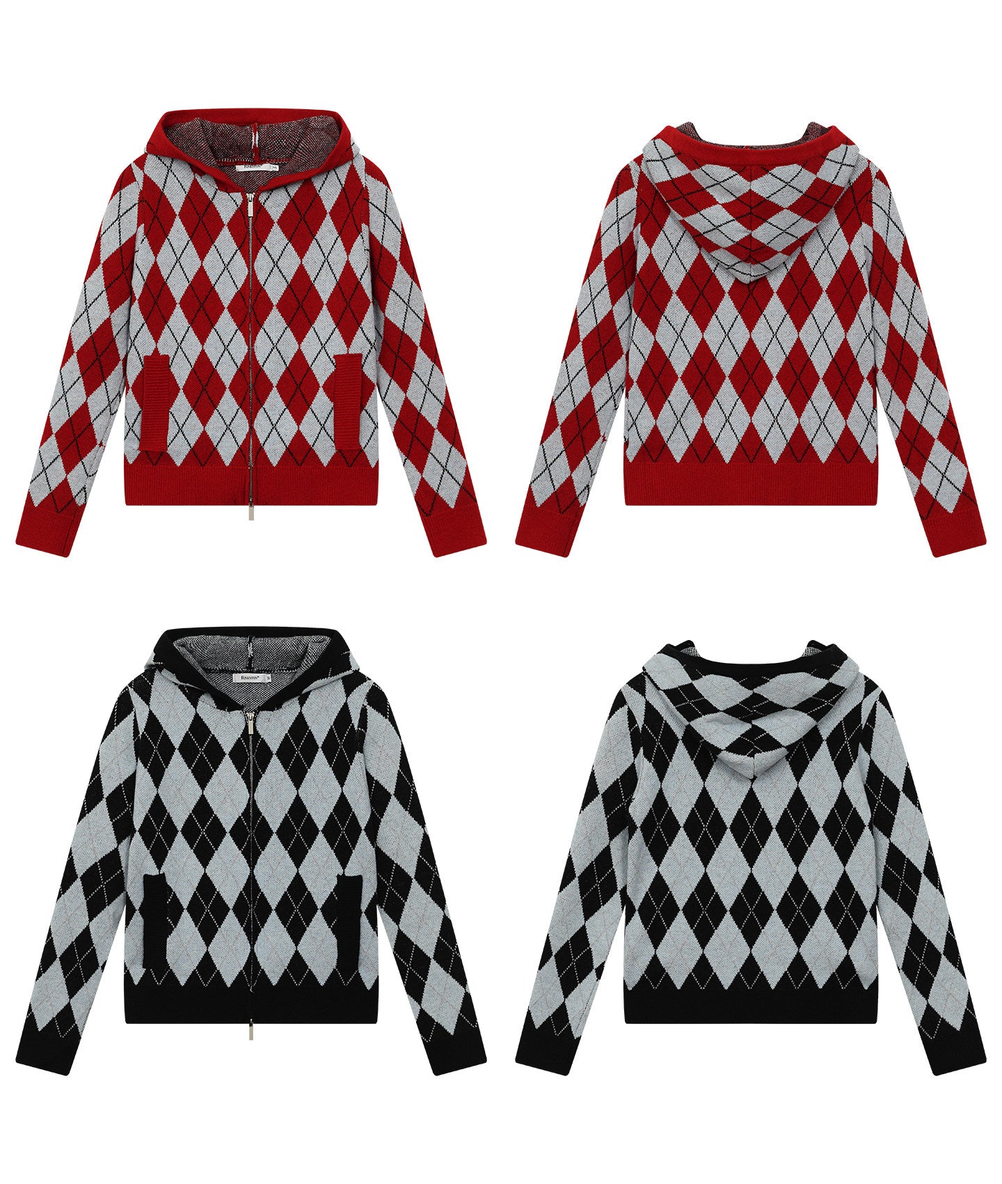 DIAMOND DOUBLE ZIP HOODED KNIT COAT