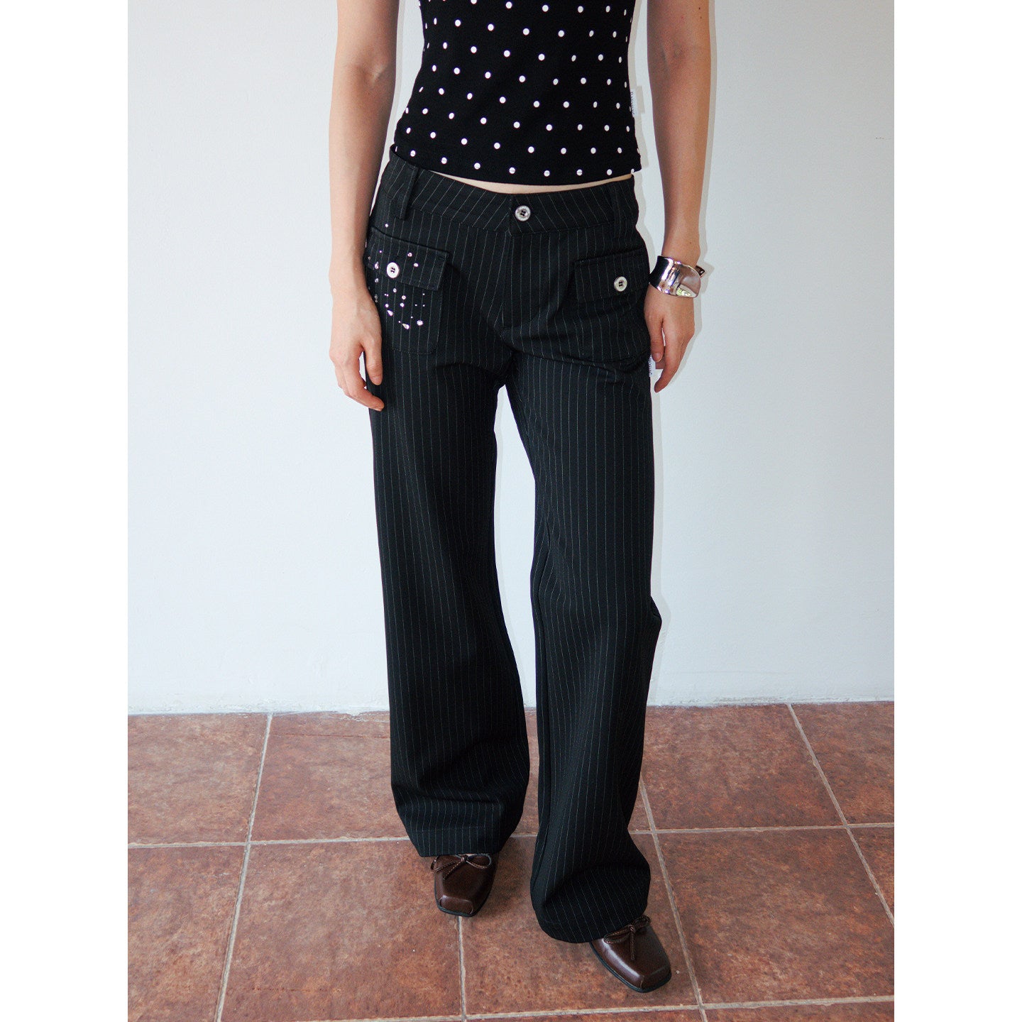 SHEER STRIPE LOW RISE STONE PANTS