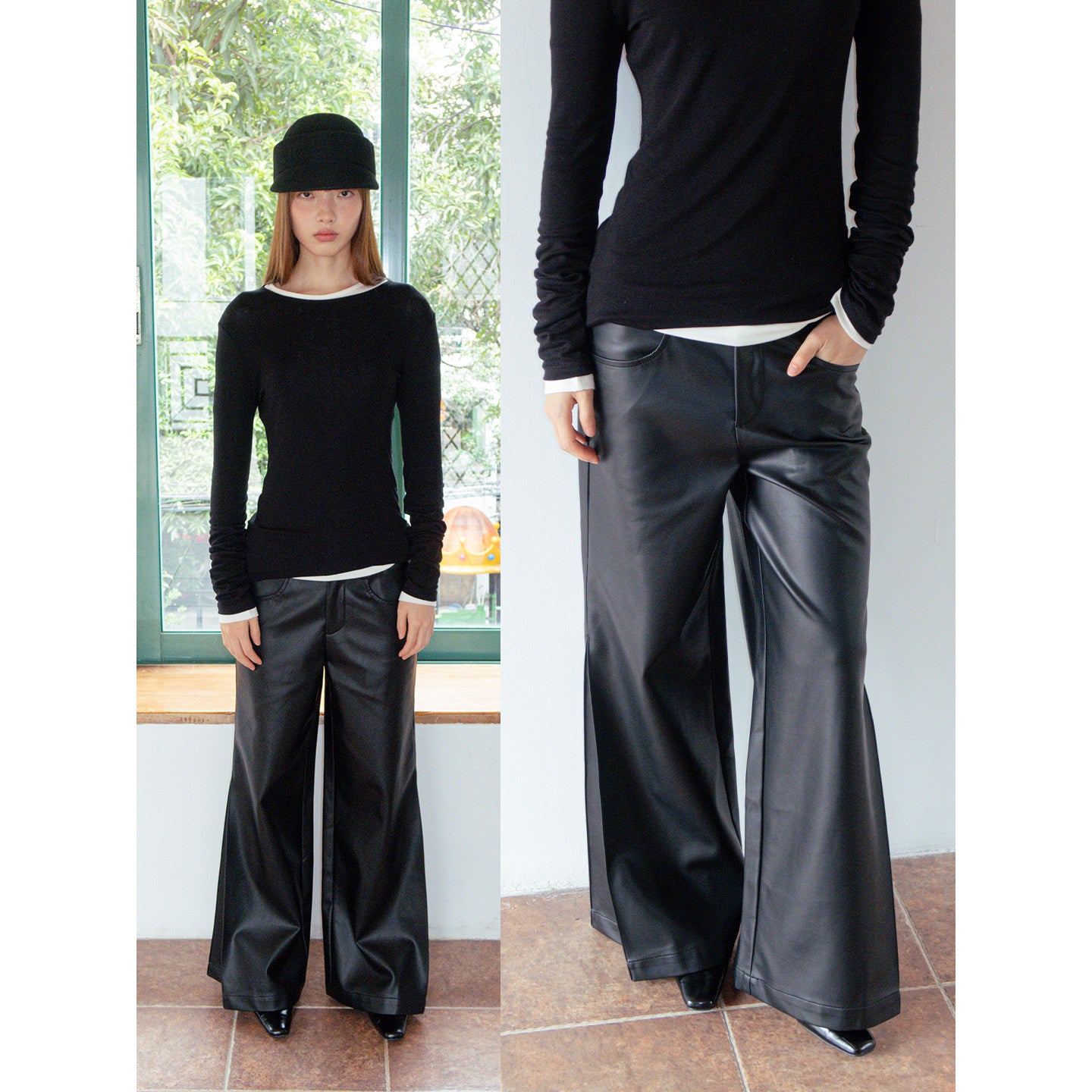 FAUX LEATHER PLEATED SLACKS
