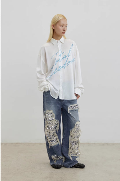 SEQUIN ACCENT DESTROYED JEANS