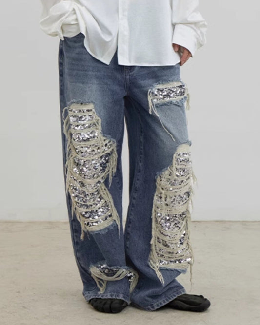 SEQUIN ACCENT DESTROYED JEANS