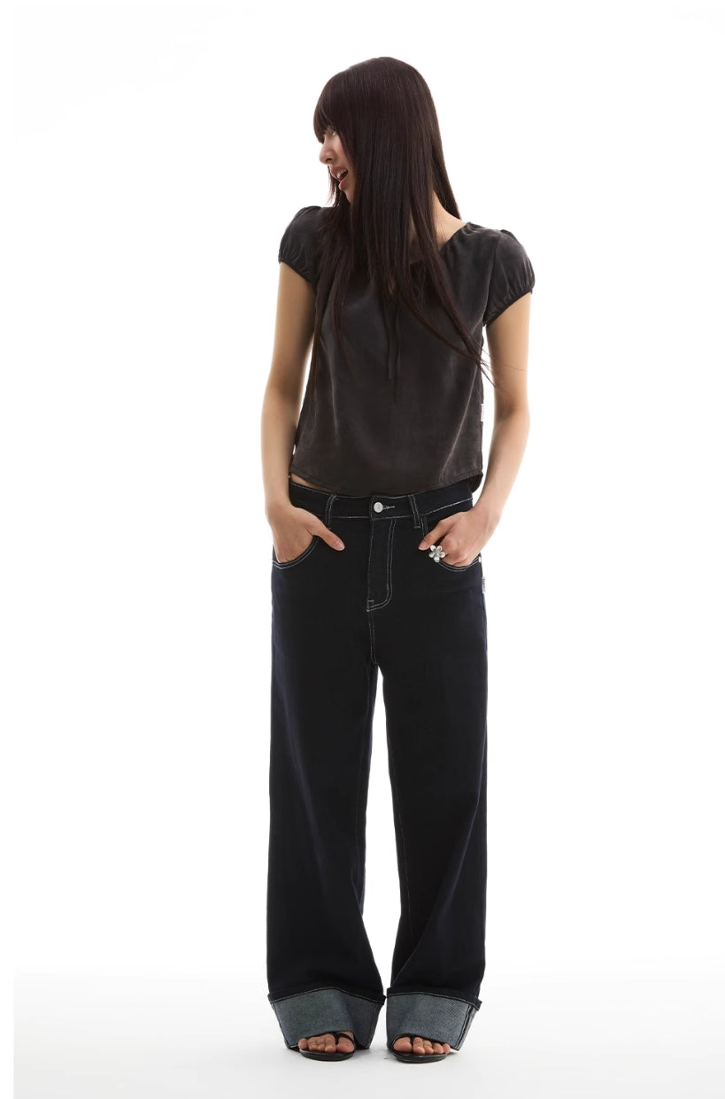 TOP FOLDED HEM STRAIGHT JEANS