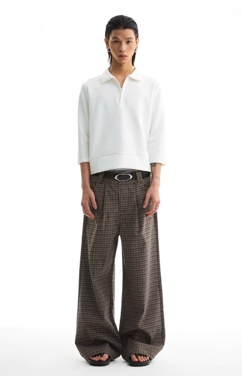 KHAKI PLAID STRAIGHT SUIT TROUSERS
