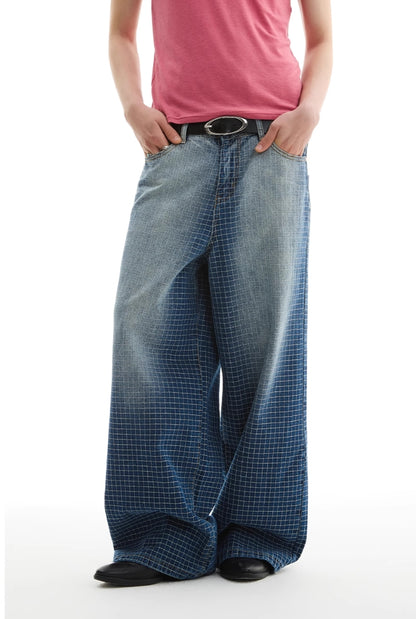 GRADIENT BLUE PLAID LINE JEANS