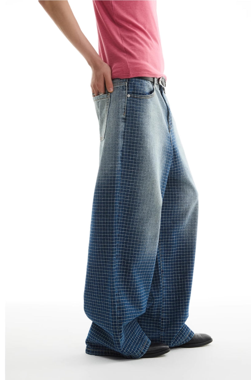 GRADIENT BLUE PLAID LINE JEANS
