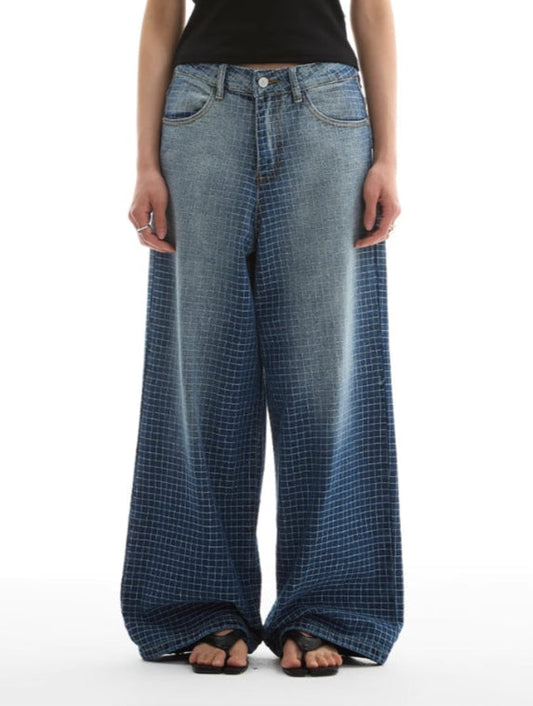GRADIENT BLUE PLAID LINE JEANS