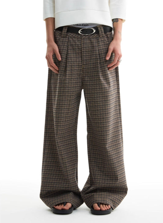 KHAKI PLAID STRAIGHT SUIT TROUSERS