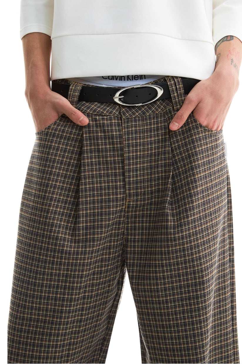 KHAKI PLAID STRAIGHT SUIT TROUSERS