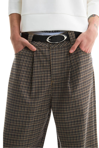 KHAKI PLAID STRAIGHT SUIT TROUSERS