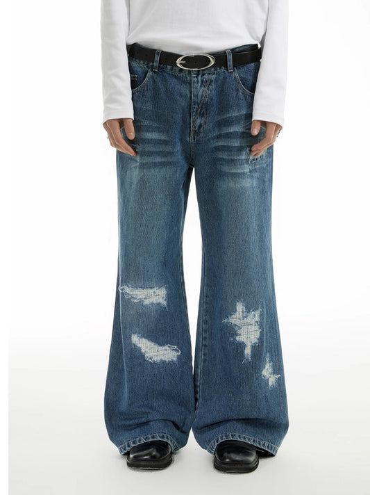 IRREGULAR PATCH CAT WHISKER JEANS