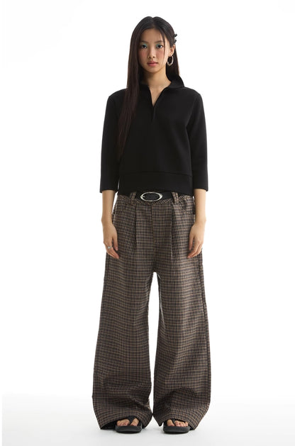 KHAKI PLAID STRAIGHT SUIT TROUSERS
