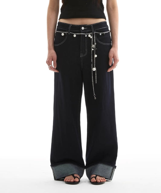 TOP FOLDED HEM STRAIGHT JEANS