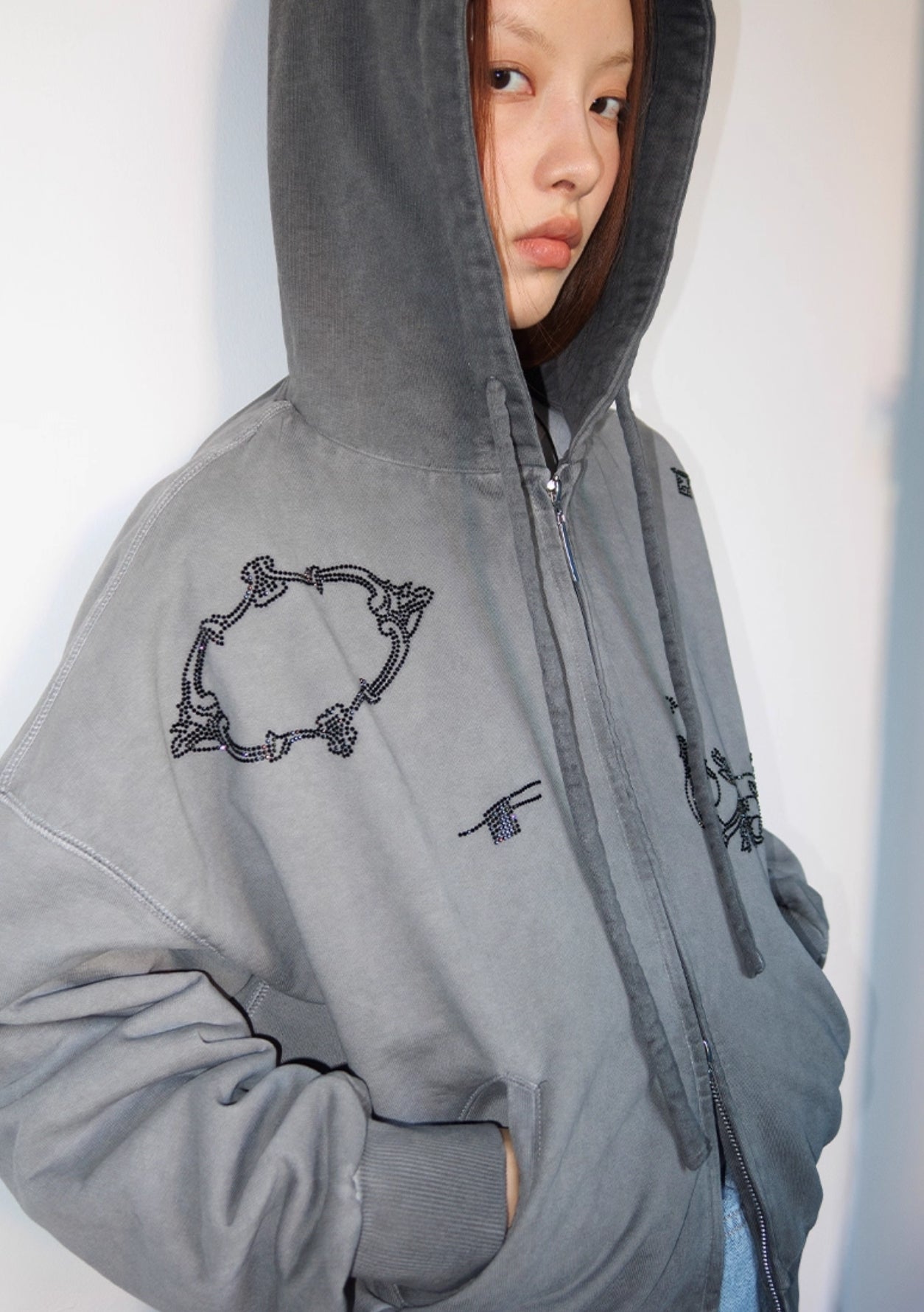 WASHED STUDDED DOUBLE ZIP HOODIE